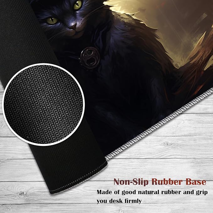 Gaming Mouse Pad Set Large Gaming Mouse Pad+Keyboard Wrist Rest+Mouse Wrist Rest+Coaster Easy Typing Pain Relief 31.5 × 11.8 inch Desk Mat for Home Office - Black Cat Witch