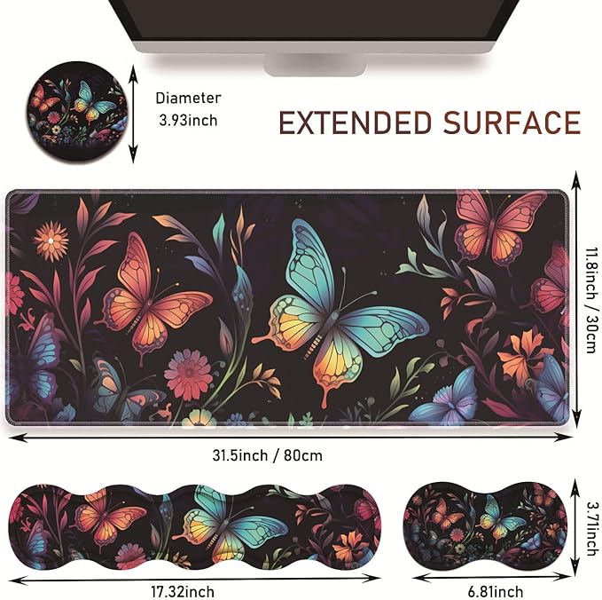 Large Gaming Table Pad 31.5 x 11.8 + Keyboard Wrist Pad + Mouse Wrist Pad + Coaster Non-Slip Base 4-in-1 Set Ergonomic Memory Foam Easy Typing Pain Relief Colorful Butterfly Moon Pattern Black