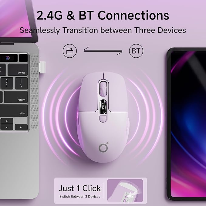 EWEADN Q1 Wireless Mouse BT &amp 2.4G Silent Mouse Quiet Click with 1600 DPI Levels Battery &amp DPI LED Screen Display 6 Button Small Portable Bluetooth Mouse for Laptop/PC/Mac-Purple