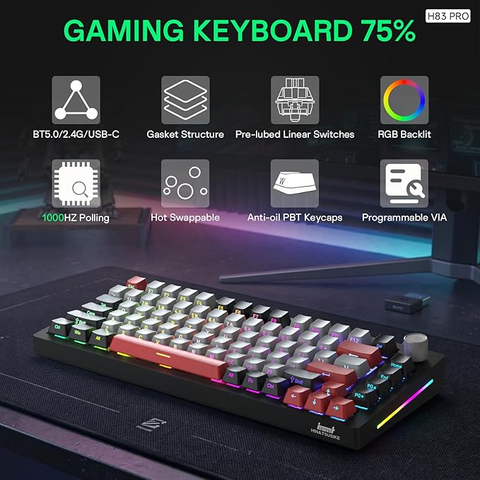 H83 PRO Wireless Mechanical Gaming Keyboard 75% Layout Gaming Equipment Gasket Mounted - Hot Swappable Cardamom Switches PBT Keycaps RGB Backlit USB-C/2.4G/BT5.0 for Win/Mac/Linux