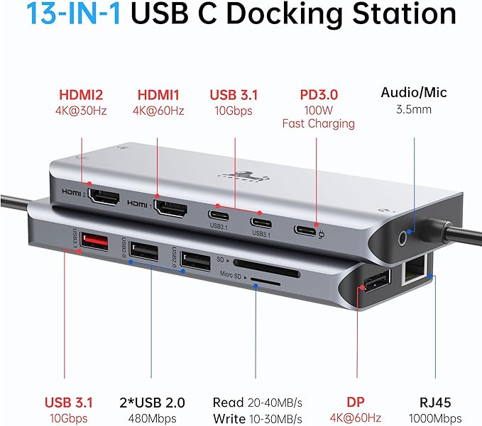 LIONWEI Laptop Docking Station 13 in 1 - Dual HDMI+DisplayPort+10Gbps 6 USB C/A 100W PD Ethernet SD/TF Audio USB C Hub for MacBook/Dell/HP/Surface
