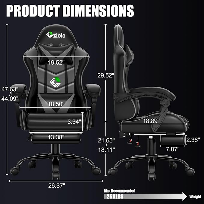 Gaming Chair with Footrest Racing Style Lumbar Support Massager Video Game Chair with Metal Legs High Back Reclining Gamer Chair with Headrest 360° Swivel Office Computer Desk Chair (Gray)