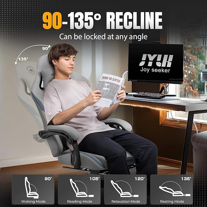 GTPLAYER Gaming Chair with Foot Rest &amp Pocket Spring Cushion Ergonomic High Back Computer Desk Chair with Headrest &amp Lumbar Support for Back Pain Relief Breathable Fabric Moon Gray