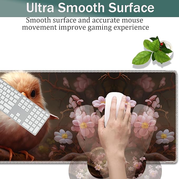 Large Game Mouse Pad + Wrist Support Pad + Coffee Coaster Desk Pad with Sewn Edges Anti-Slip Set pad Suitable for Office Work and Home - Cute Animals Birds Flowers