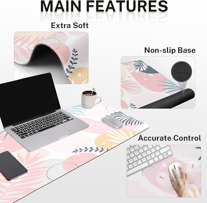 Arttown Pink Flower Botanical Desk Mat Leaves Vintage Mouse Pad Set with Wrist Support 4-in-1 Large Mousepad+Keyboard Wrist Rest+Mouse Wrist Rest+Coaster with Ergonomic Design Non-Slip Mat