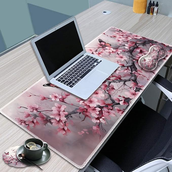 Large Game Mouse Pad + Wrist Support Pad + Coffee Coaster Desk Pad with Sewn Edges Anti-Slip Set pad Suitable for Office Work and Home - Cherry Blossom Butterflies
