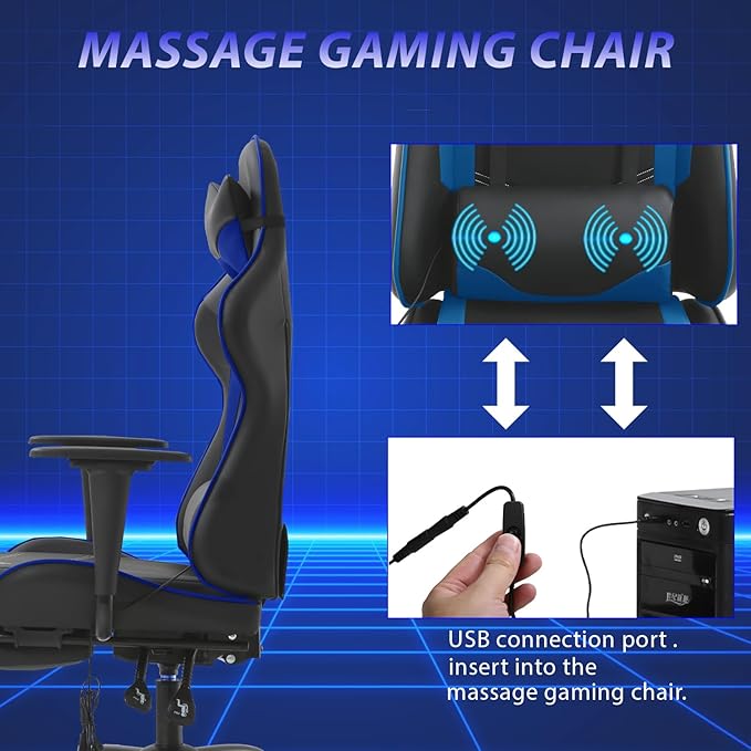 PayLessHere Racing Gaming Chair Office Massage Chair Ergonomic Recliner with Computer Desk PU Leather Lumbar Support Footrest Rolling Swivel and Task Function Ultimate Comfort for Adults (Blue)