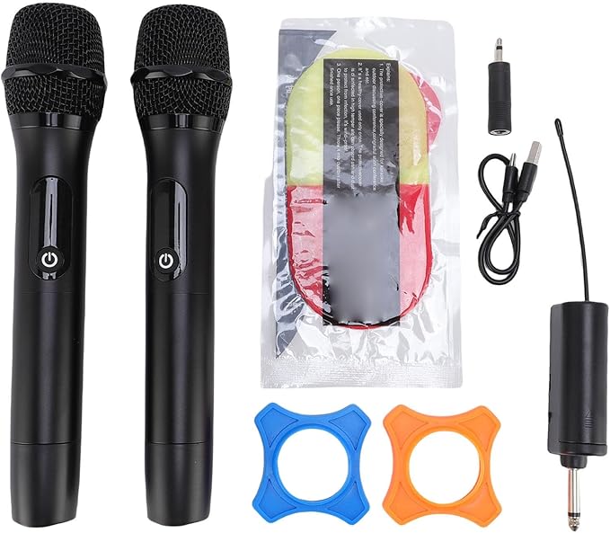 Dynamic Mic for Singing System with DSP Frequency Locking 96dB Signal to Noise Ratio and Dual Cordless Mics for Sound Cards/Mixers for Karaoke