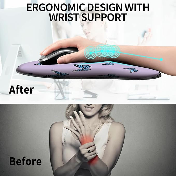 Mouse Pad with Wrist Support Gel Cute Purple Butterfly Pattern Design Ergonomic Gaming Mousepad with Wrist Rest for Laptop Computer Home Office Working Mouse Mat + A Cute Coffee Pad