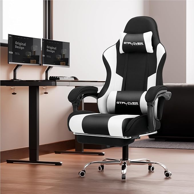 GTPLAYER Gaming Chair Computer Chair with Footrest and Lumbar Support Height Adjustable Game Chair with 360°-Swivel Seat and Headrest and for Office or Gaming (Fabric Black White)