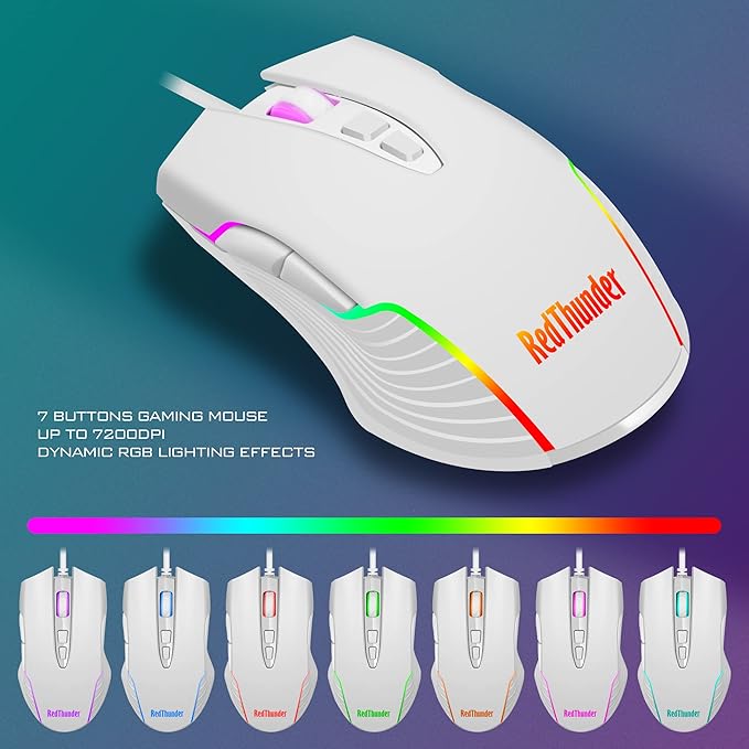 RedThunder K10 Wired Gaming Keyboard and Mouse and Wrist Rest Combo RGB Backlit Mechanical Feel Anti-ghosting Keyboard + 7D 7200 DPI Mice+Soft Leather Wrist Rest 3 in 1 PC Gamer Accessories(White)