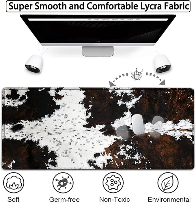 Large Gaming Mouse Pad 31.5x11.8 in Extended Computer Mouse Mat with Non-Slip PU Base Ergonomic Memory Foam Keyboard Wrist Rest for Work &amp Gaming Black and White Cow Fur Office Desk Pad