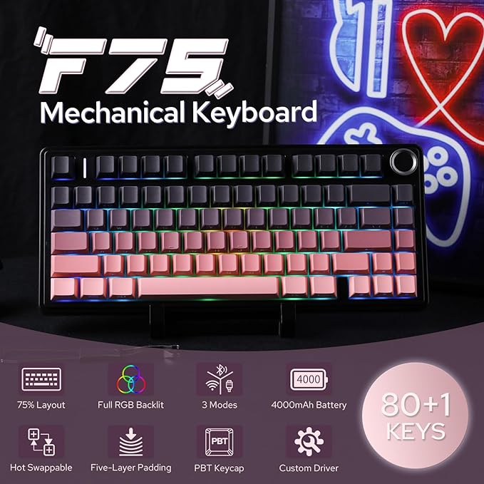 EPOMAKER X Aula F75 75% Wireless Gaming Keyboard BT/2.4GHz/USB-C Hot Swappable Creamy Mechanical Keyboard with 5-Layer Padding&ampKnob NKRO RGB (Black Pink Reaper)