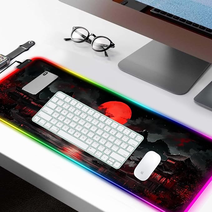 RGB Japanese Dreamy Lakescape Full Moon Gaming Desk Mat Computer Keyboard Large Extended Long LED Mouse Pad for Office and Home XL (W07)