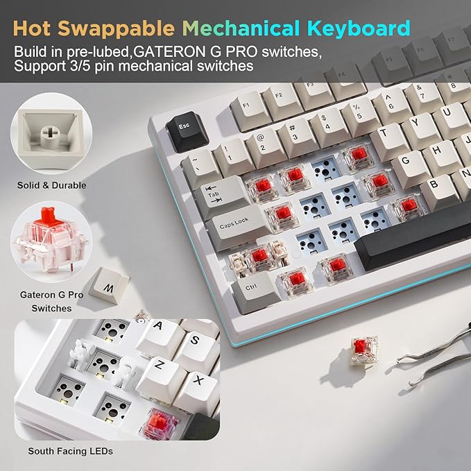 YUNZII YZ75 75% Hot Swappable Wireless Gaming Mechanical Keyboard RGB Backlights BT5.0/2.4G/USB-C Dye Sub PBT Keycaps for Linux/Win/Mac(Gateron G Pro Red White)