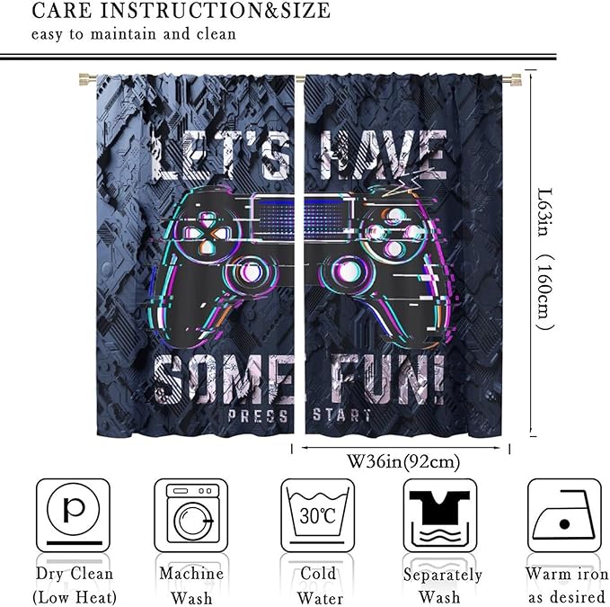 Modern Boys Gamepad Curtains - Abstract Digital Video Game Gamepad Neon Design Window Drapes Room Darkening Blackout Curtains Thermal Insulated Rod Pocket Curtains for Bedroom 2 Panels 63L x 36W