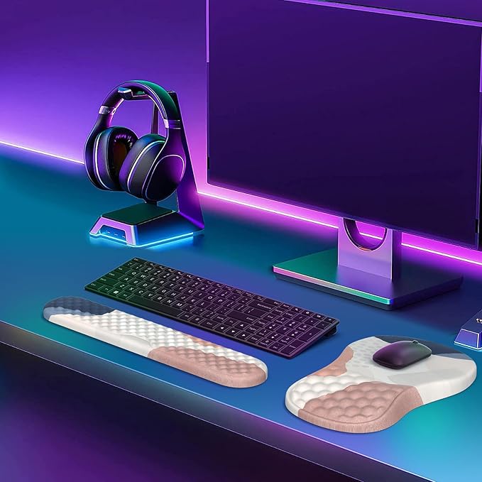 HAOCOO Ergonomic Mouse Pad with Wrist Rest and Keyboard Wrist Rest Set 3 PCS Computer Carpal Tunnel Mouse Pads for Desk with Coaster Memory Foam Mousepad Support for Office Women Boho Navy Pink