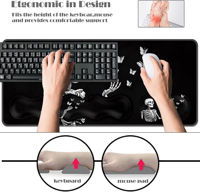 Ergonomic Keyboard Wrist Rest &amp Mouse Pad Wrist Rest SetXL Gaming Desk Mat 31.5x 11.8Non-Slip BaseMemory FoamEasy Typing Pain Relief for Office &amp HomeSkeleton Butterflies