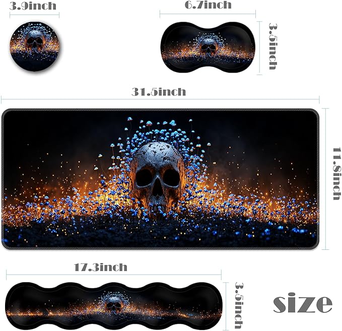 Ergonomic Keyboard Wrist Rest &amp Mouse Pad Wrist Rest SetXL Gaming Desk Mat 31.5x 11.8Non-Slip BaseMemory FoamEasy Typing Pain Relief for Office &amp HomeSkull and Blue Mushrooms