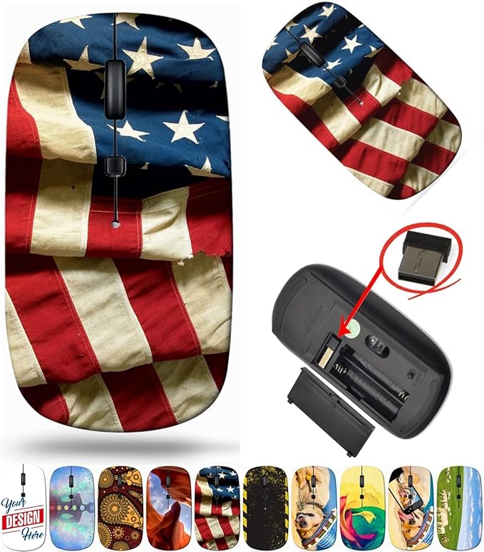 maizi Small Wireless Mouse for Personal Computer Laptop MacBook Small Wireless Mice Image ID: 608955 US Flag 48 States Flag Travel Mouse 2.4G USB Receiver Printed in USA