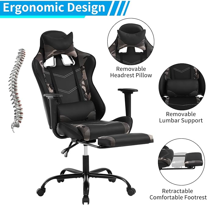 BLKMTY Gaming Chair with Footrest Ergonomic Office Racing Computer Chair with PU Leather High Back Lumbar Support Headrest Adjustable Height Reclining Chairs Camo