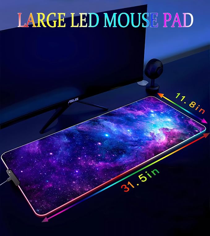 RGB Gaming Mouse Pad Large Mousepad with Led Light Gaming Accessories Keyboard Pad for Desk Non-Slip Rubber Base Big Mouse Mat for Gamer 31.5 X 11.8 Inch Purple Galaxy