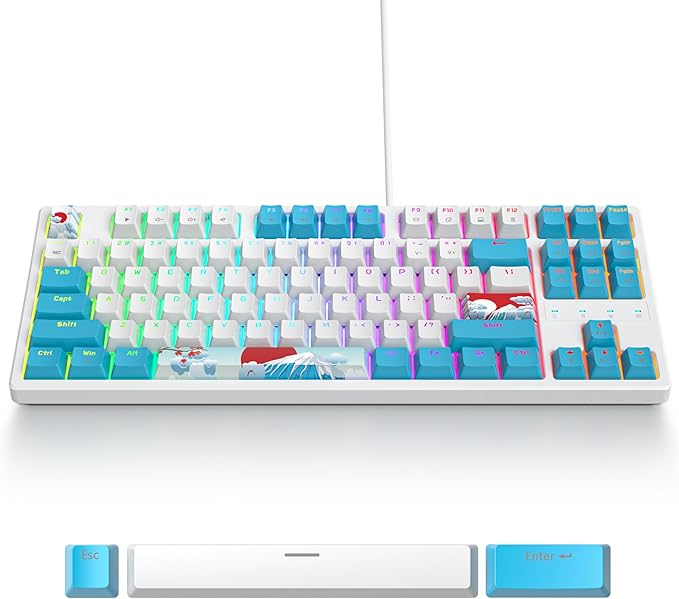 75% Mechanical Gaming Keyboard with Red Switch RGB LED Backlit Keyboard White and Blue 87 Keys Compact TKL Wired Computer Keyboard for Windows Laptop PC Gamer (87 Sea)