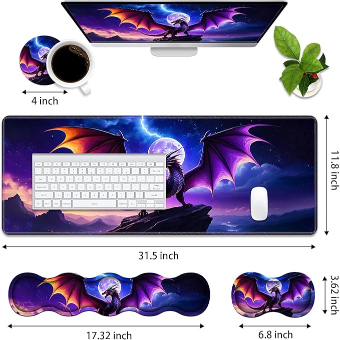 4 in 1 Ergonomic Memory Foam Mouse Pad Wrist Rest Set Large XXL Gaming Desk Pad + Keyboard Wrist Rest + Mouse Wrist Cushion + Coaster for Home Office Study Gaming Dragon