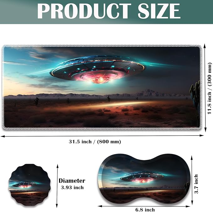 Large Game Mouse Pad + Wrist Support Pad + Coffee Coaster Desk Pad with Sewn Edges Anti-Slip Set pad Suitable for Office Work and Home - Colorful Alien UFO