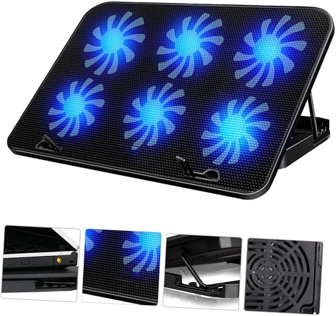 Adjustable Speed Laptop Cooling Rack with Six Fans Laptop Stand Pad for Neck Relief and Convenient Reading Black Cooling Base