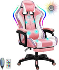 Gaming Chair with Footrest Racing Video Game Chair with Speakers and LED Lights High Back Computer Chairs 7-Point Massage PU Leather Ergonomic Office Gamer Chair Headrest Lumbar SupportPink