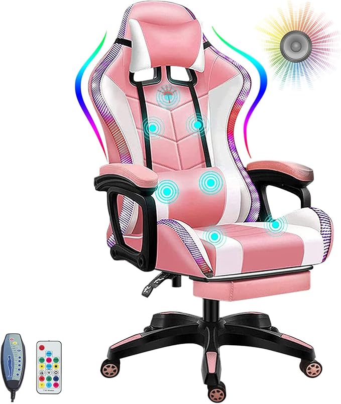 Gaming Chair with Footrest Racing Video Game Chair with Speakers and LED Lights High Back Computer Chairs 7-Point Massage PU Leather Ergonomic Office Gamer Chair Headrest Lumbar SupportPink