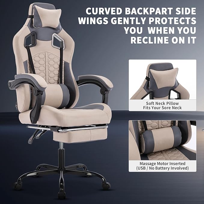 360° Swivel Gaming Chair for Adults with Pull-Out Footrest Ergonomic Video Game Chair with Headrest and Massage Lumbar Support Height Adjustable Computer Chairs for Office or Gaming Khaki