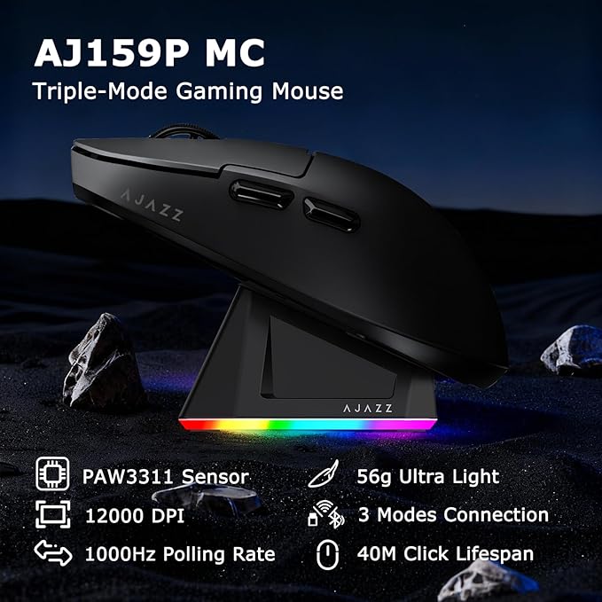 AJ159P MC Wireless Gaming Mouse 12000 DPI Tri-Mode 2.4G/Bluetooth/Wired Magnetic RGB Charging Dock 56g Ultra-Light Programmable 6 Buttons - Perfect for Gaming Work &amp Travel (Black)