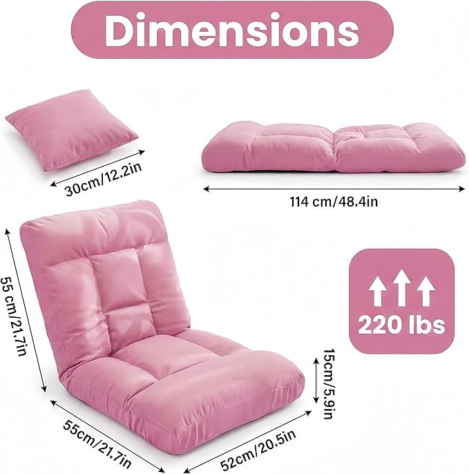 Folding Floor Chair with Back Support 5 Adjustable Position Padded Sleeper Bed Couch Recliner Gaming Floor Chairs for Adults Meditation Living Room