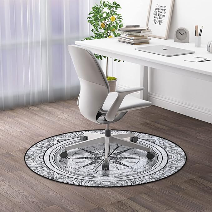 Black White Office Chair Computer Gaming Desk Mat for Rolling Chair Non-Slip Gaming Rug Hand Drawn Windrose in Line Nautical Coloring Gaming Chair Mat Round Floor Mats Compass Diameter 48 in
