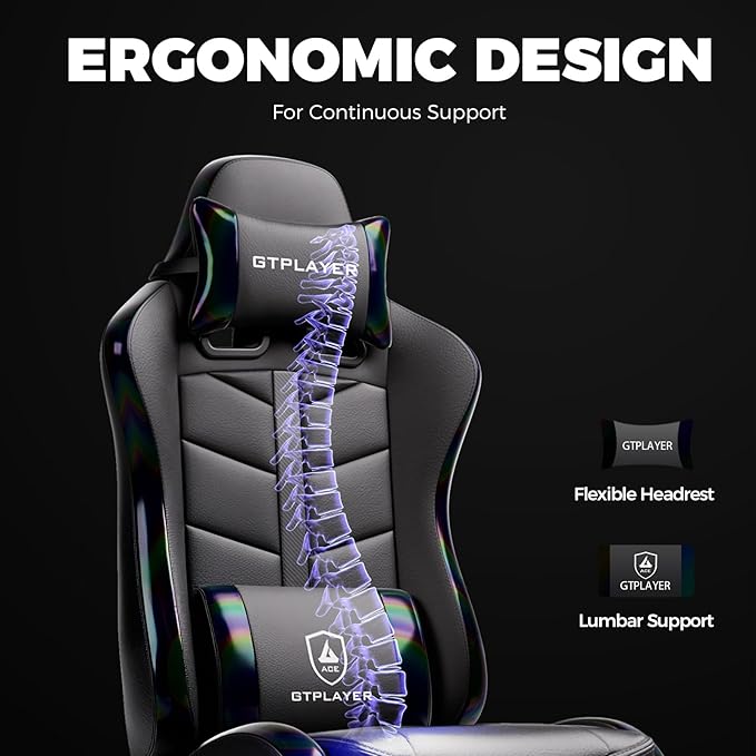 GTPLAYER Gaming Chair with Footrest Computer Gaming Chair for Adults and Kids Height Adjustable Gamer Chair with 90-155° Recline &amp Removable Headrest Lumbar SupportColorful Black