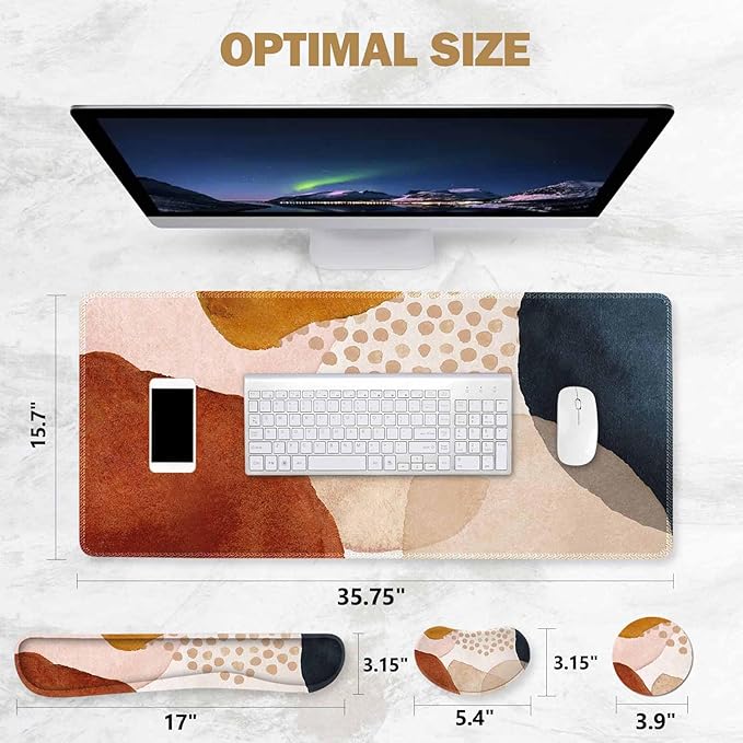 ToLuLu Extended Gaming Mouse Pad Memory Foam Ergonomic Keyboard Mouse Wrist Rest Support Set Large Desk Mat with Stitched Edges Non-Slip Base Mousepad for Home Office and Game Brown Boho Art