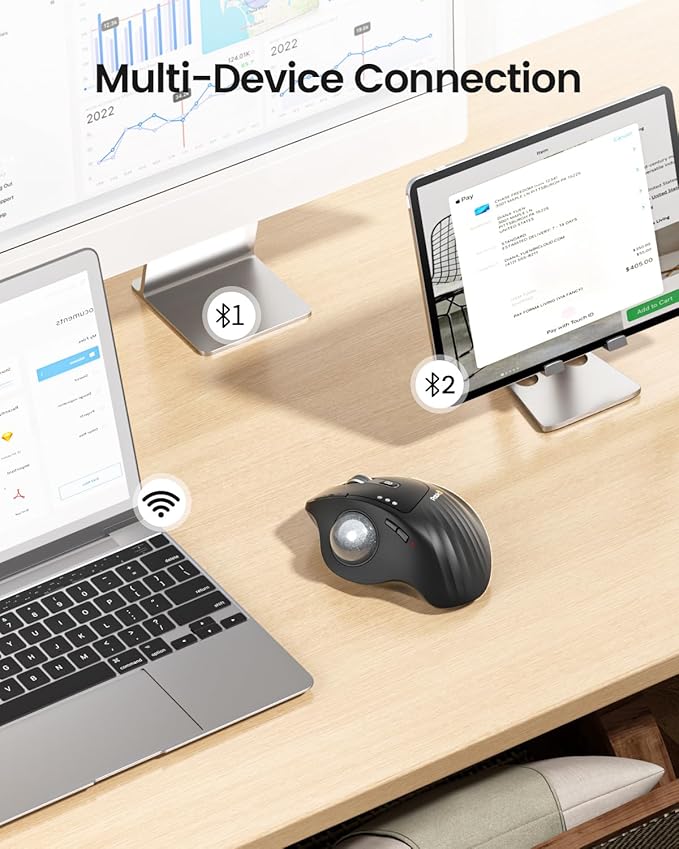ProtoArc Wireless Trackball Mouse EM01 NL Ergonomic Bluetooth Rollerball Thumb Rechargeable Computer Laptop Mouse Adjustable Angle &amp 3 Device Connection for PC Mac Windows-Silver Ball