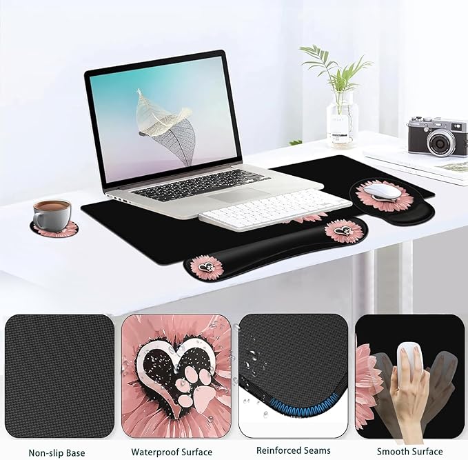 Large Mouse Pad Ergonomic Mouse Pad with Wrist Rest and Keyboard Wrist Rest 4 in 1 Set 31.5 x11.8 inch Extended Desk Pad for Home Office Cute Pink Sunflower Pattern XXL Black Gaming Mouse Mat
