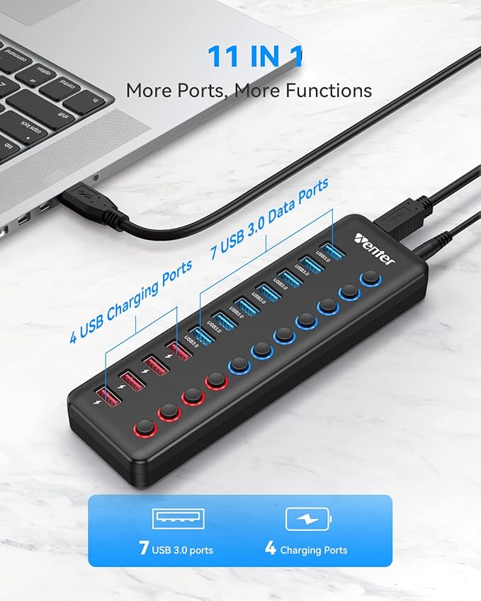 Powered USB 3.0 Hub Wenter 11-Port Hub Splitter (7 Faster Data Transfer Ports+ 4 Smart Charging Ports) with Individual LED On/Off Switches Power Adapter for Mac PC