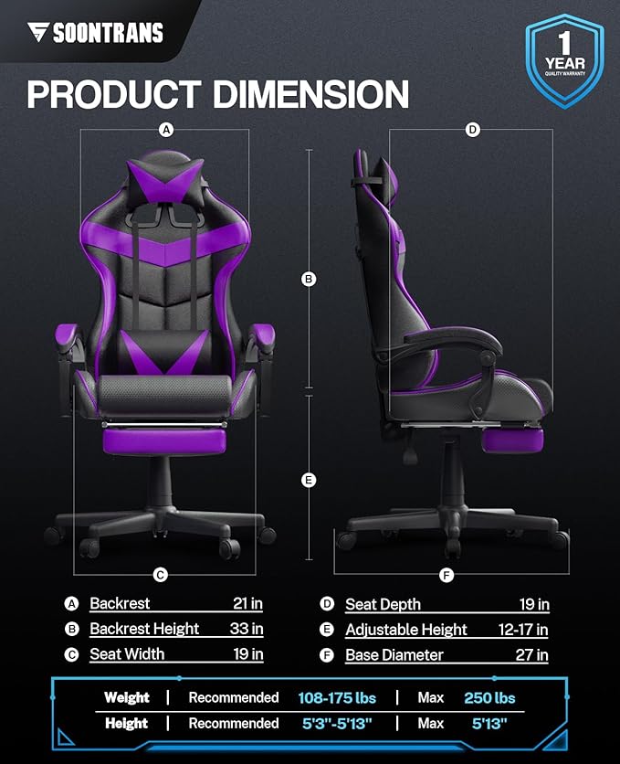 Soontrans Purple Gaming Chair with Footrest Ergonomic Gamer Chair Video Game Chairs with Adjustable Headrest Removable Lumbar Support Office Chair Game Chairs for Adults Teens(Purple)