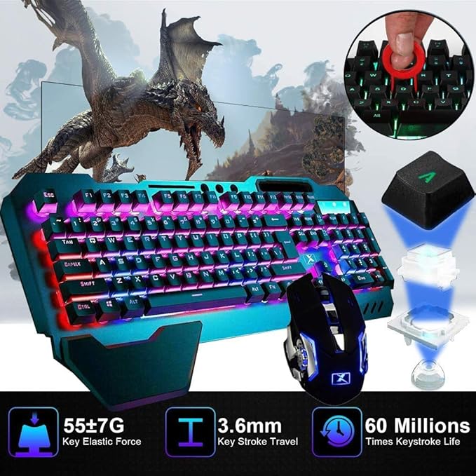 Wireless Gaming Keyboard and Mouse Combo with Rainbow LED Backlit Rechargeable 4800mAh Battery Metal Panel Mechanical Ergonomic Waterproof Dustproof 7Color Mute Mice for Computer PC Mac Gamer (Purple)