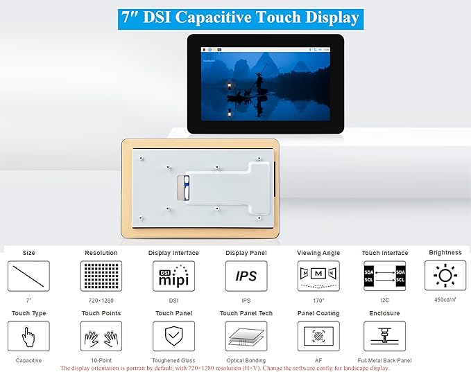 7inch DSI Capacitive Touch Screen Compatible with Raspberry Pi 5/4B/3B+/3B/RK3506-Lyra/RK3576/ESP32-P4 720×1280 IPS Display 10-Point Touch Anti-Fingerprint Process