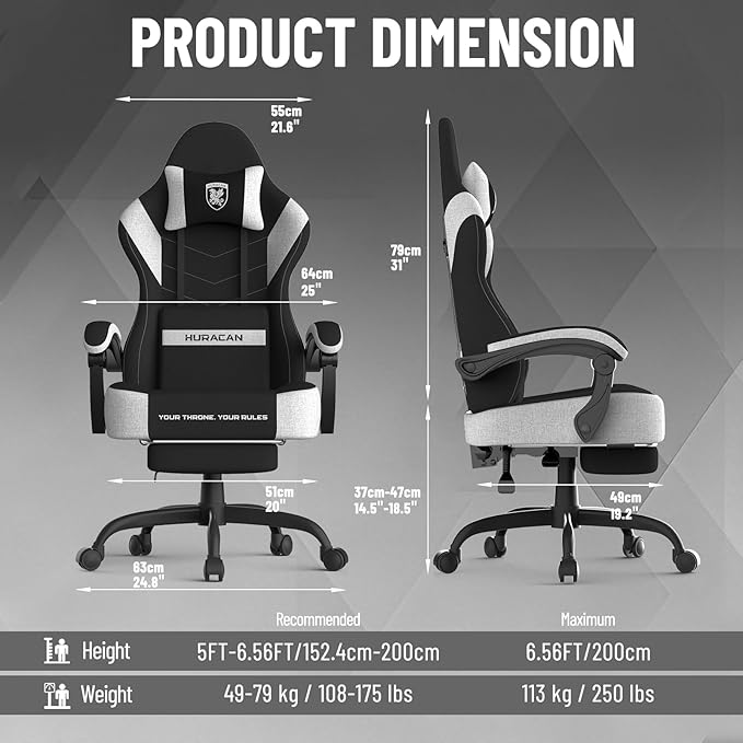 Ferghana Cotton Fabric Gaming Chair with Wider Seat Cushion Shield-Shaped Embroidery Ergonomic High Back Game Chair with Footrest Computer Chair with Massage Lumbar Support for Adult Black/White
