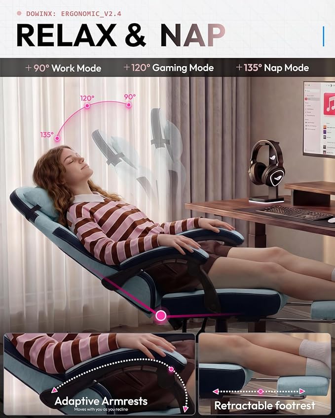Dowinx Gaming Chair Fabric Gaming Chairs for Adults with Pocket Spring Cushions and Lumbar Support Ergonomic Massage Computer Chair with Footrest for Big and Tall Aqua