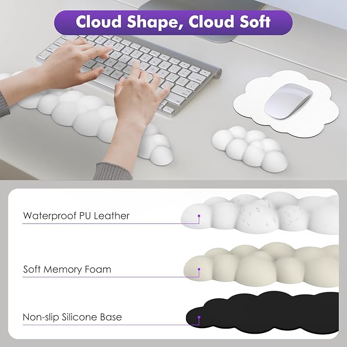 MoKo Cloud Wrist Rest Ergonomic Cloud Keyboard Wrist Rest with Mouse Rest Wrist Pad Upgraded PU Leather Cloud Arm Rest Wrist Pad for Keyboard and Mouse for Office Gaming Computer Laptop White