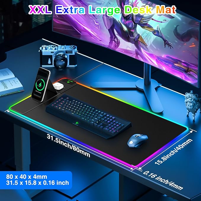 XXL RGB LED Gaming Mouse Pad with Magnetic Wireless Charger &amp Foldable Phone Holder 31.5x15.8 Extended Ultra-Smooth Desk Mat 25 Lighting Effects Non-Slip Base Includes 20W PD Adapter