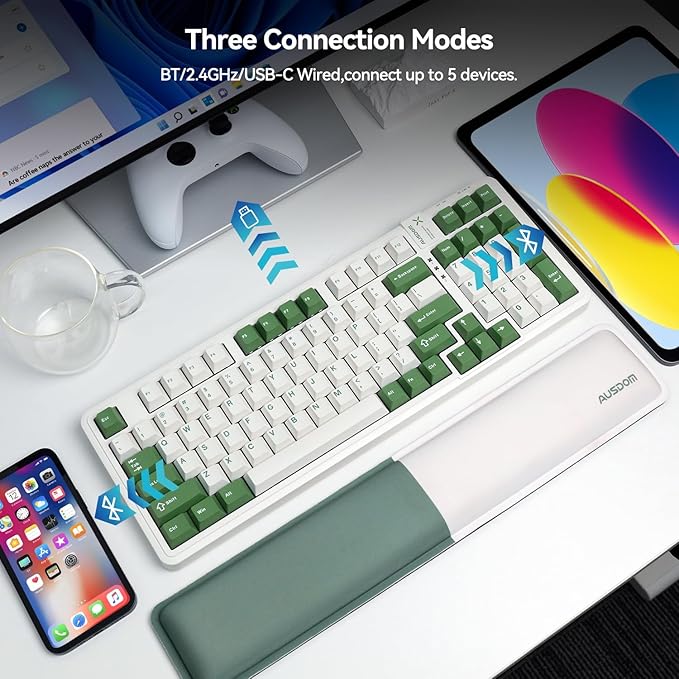 AUSDOM 98Pro Wireless Mechanical Keyboard Tri-Mode BT/2.4GHz/USB-C Hot Swappable Custom Gaming Keyboard with Backlit Gasket Structure Linear Switches for Windows/Mac/PC (Green&ampWhite 97keys)