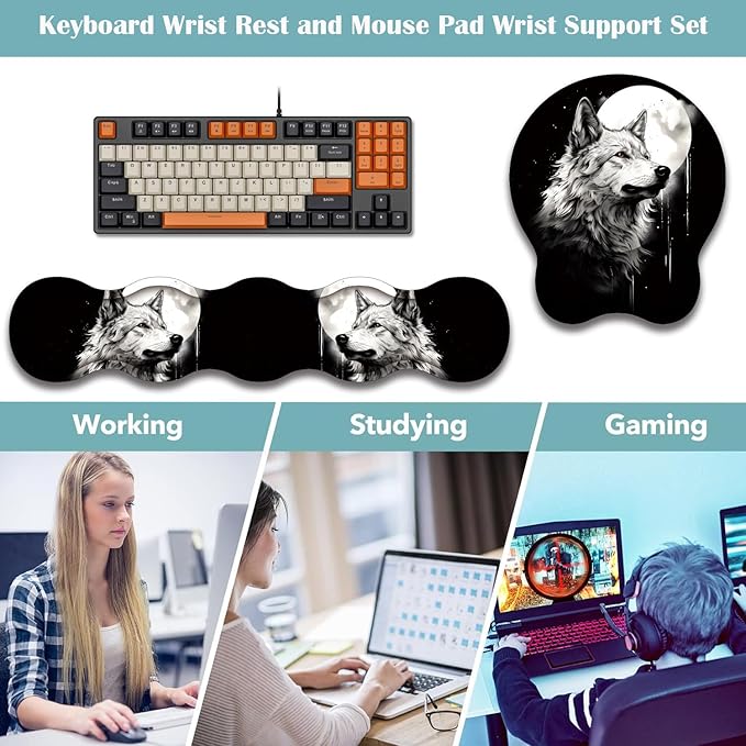 Mouse Wrist Rest and Keyboard Wrist Rest Pad+ Coaster Set Non-Slip Rubber Base Smooth Surface Ergonomic Gaming Mouse Pad for Easy Typing and Pain Relief Wolf Moon